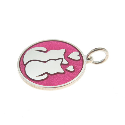 925 Sterling Silver Pink Enamel Cat Love Round Tag Minimalist Charm Pendant