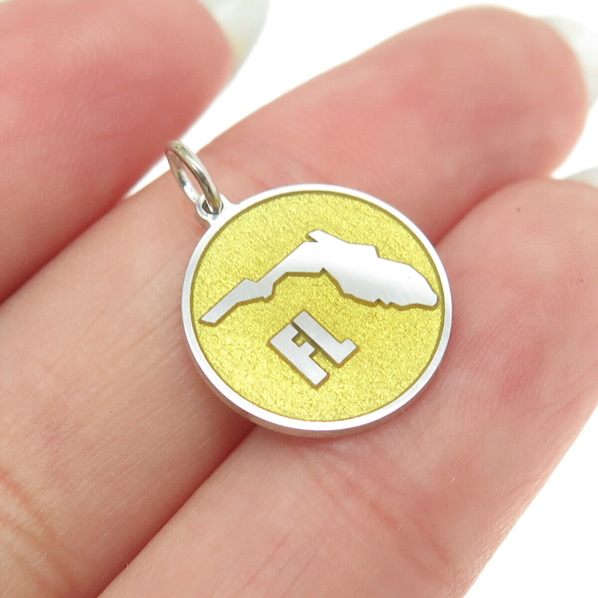 925 Sterling Silver Yellow Enamel Florida State Map Minimalist Charm Pendant