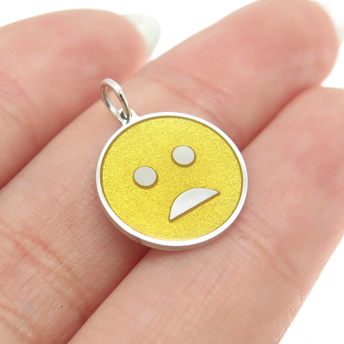 925 Sterling Silver Yellow Enamel Worried Face Emoji Minimalist Charm Pendant