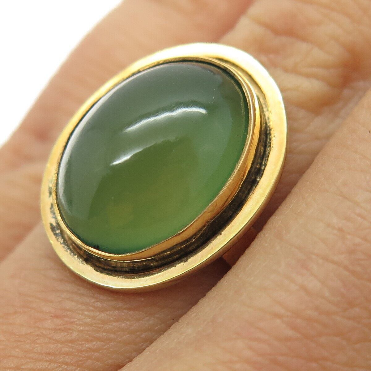 925 Sterling Silver Gold Plated Vintage Real Chalcedony Gemstone Ring Size 6.75