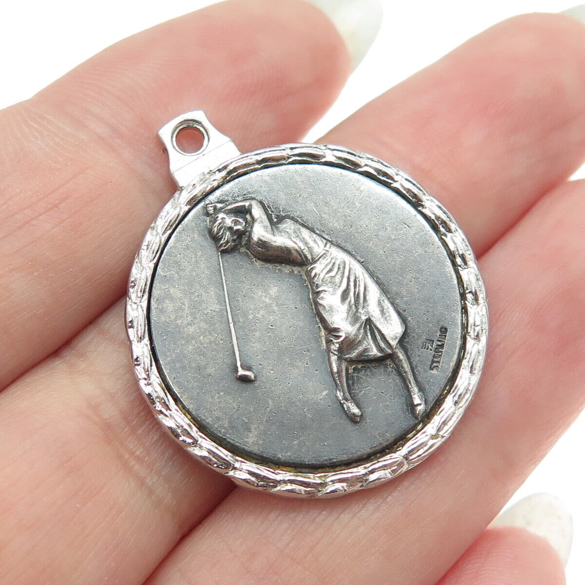 925 Sterling Silver Antique Art Deco Woman Golfer's Award Round Pendant