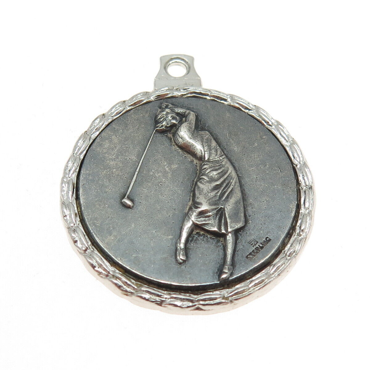 925 Sterling Silver Antique Art Deco Woman Golfer's Award Round Pendant