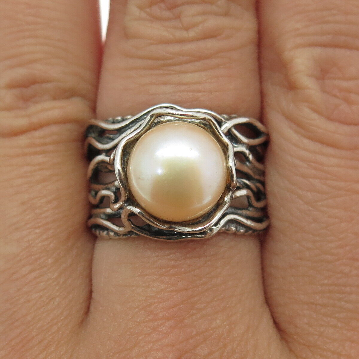 DIDAE 925 Sterling Silver Vintage Israel Real Pearl Modernist Ring Size 8.5