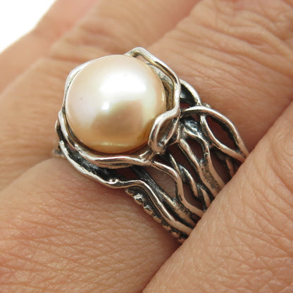 DIDAE 925 Sterling Silver Vintage Israel Real Pearl Modernist Ring Size 8.5