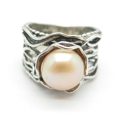 DIDAE 925 Sterling Silver Vintage Israel Real Pearl Modernist Ring Size 8.5