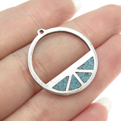 925 Sterling Silver Vintage Southwestern Real Turquoise Inlay Round Pendant