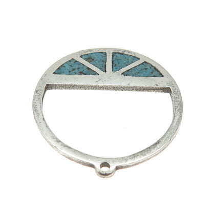 925 Sterling Silver Vintage Southwestern Real Turquoise Inlay Round Pendant