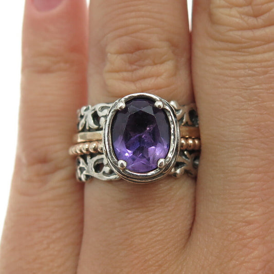 DIDAE 925 Sterling Silver 2-Tone Vintage Israel Real Amethyst Gem Ring Size 7.5