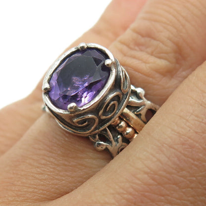 DIDAE 925 Sterling Silver 2-Tone Vintage Israel Real Amethyst Gem Ring Size 7.5