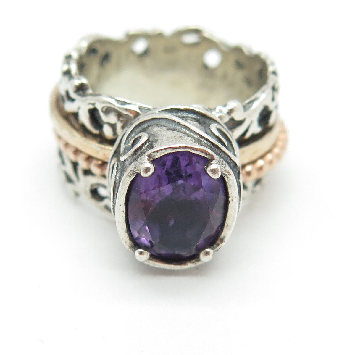 DIDAE 925 Sterling Silver 2-Tone Vintage Israel Real Amethyst Gem Ring Size 7.5