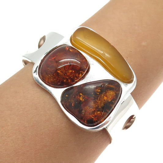 925 Sterling Silver Vintage Multi-Color Amber Hinged Bangle Heavy Bracelet 7.25"