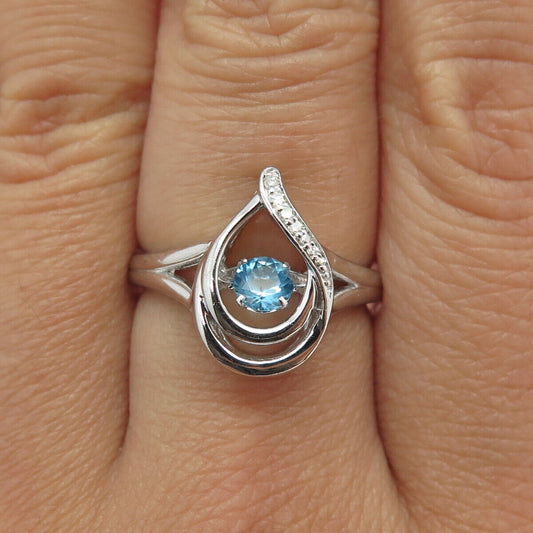 SAI Sterling Silver Real Round-Cut Diamond & Blue Topaz Teardrop Ring Size 6.75