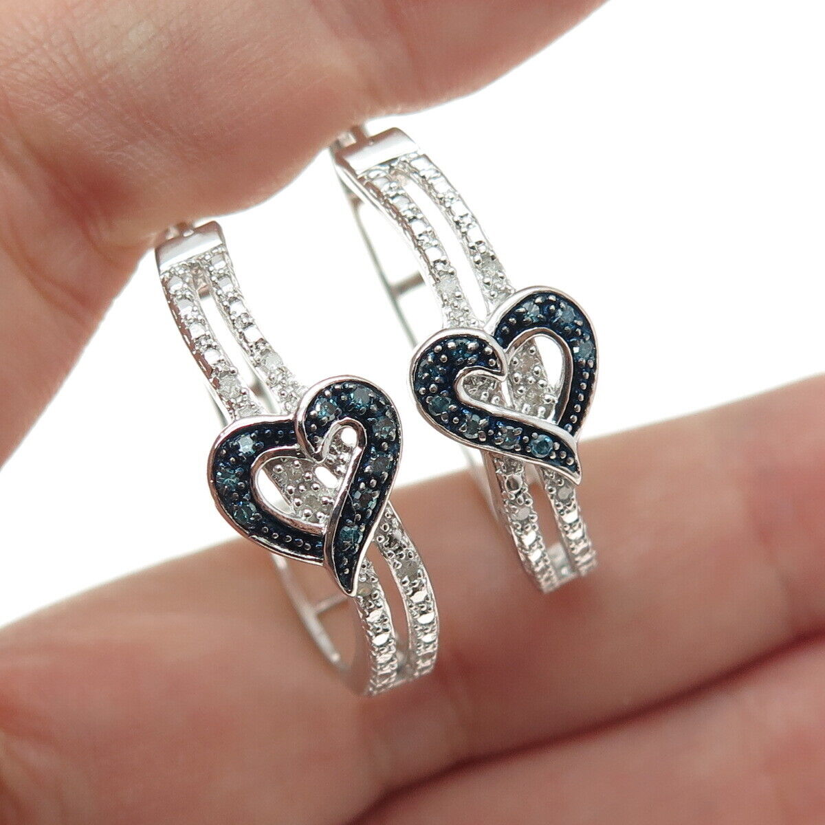 925 Sterling Silver Real Round-Cut Blue & White Diamond Heart Hoop Earrings