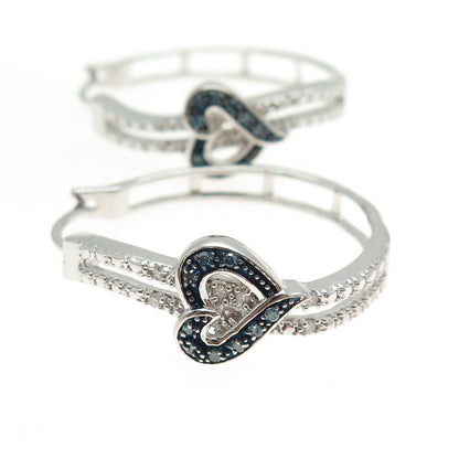 925 Sterling Silver Real Round-Cut Blue & White Diamond Heart Hoop Earrings