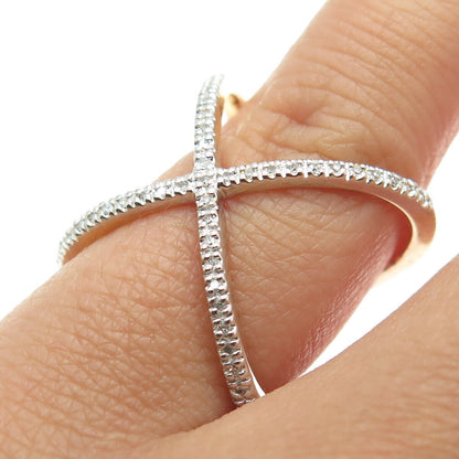 925 Sterling Silver Gold Plated Real Round-Cut Diamond Crisscross Ring Size 5