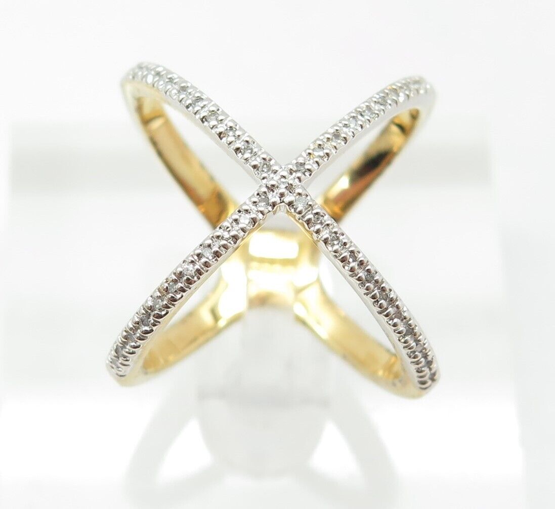 925 Sterling Silver Gold Plated Real Round-Cut Diamond Crisscross Ring Size 5