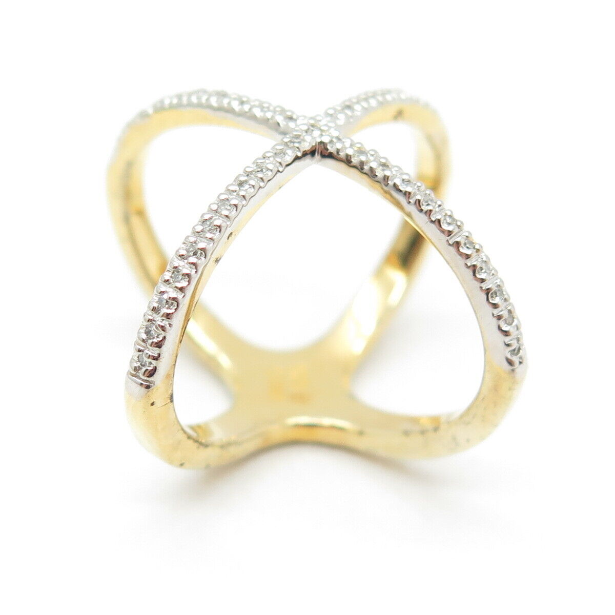 925 Sterling Silver Gold Plated Real Round-Cut Diamond Crisscross Ring Size 5