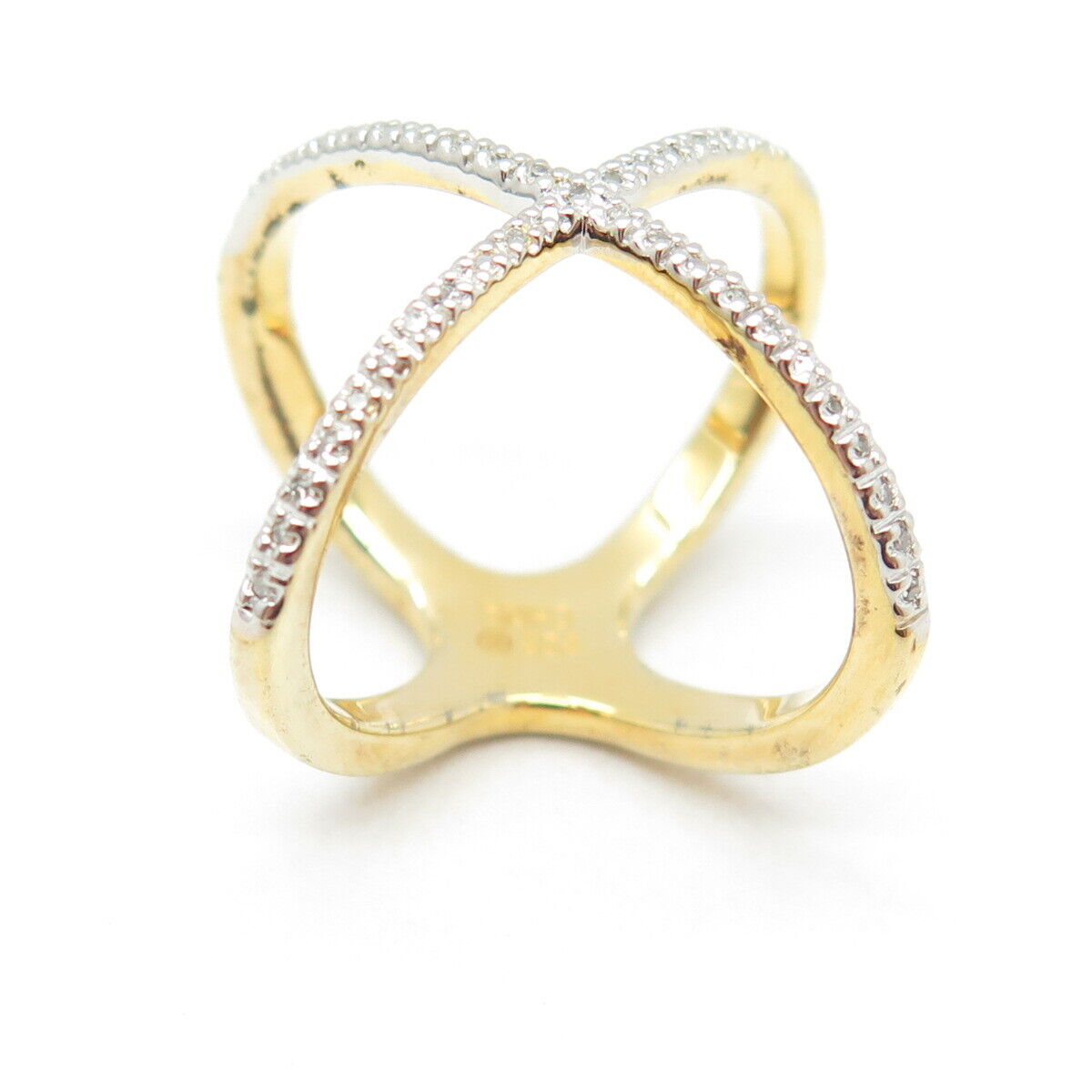 925 Sterling Silver Gold Plated Real Round-Cut Diamond Crisscross Ring Size 5