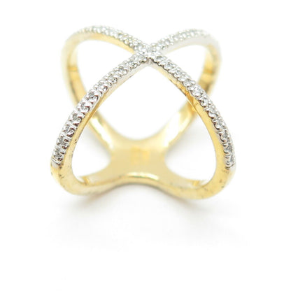 925 Sterling Silver Gold Plated Real Round-Cut Diamond Crisscross Ring Size 5