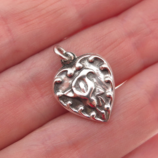 925 Sterling Silver Antique Art Deco Calla Lily Chatelaine Heart Mini Pendant