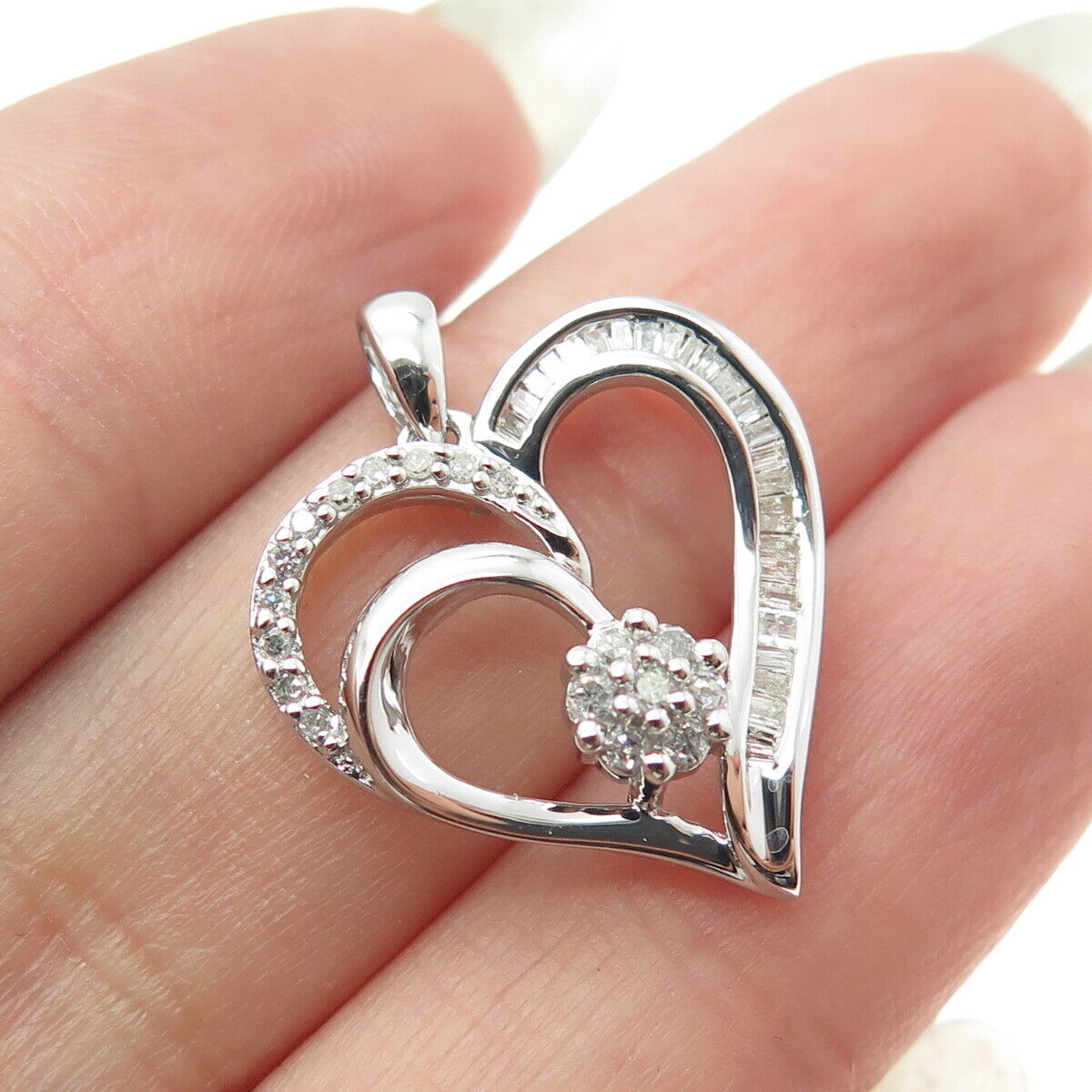 SUN 925 Sterling Silver Real Baguette & Round-Cut Diamond Heart Pendant