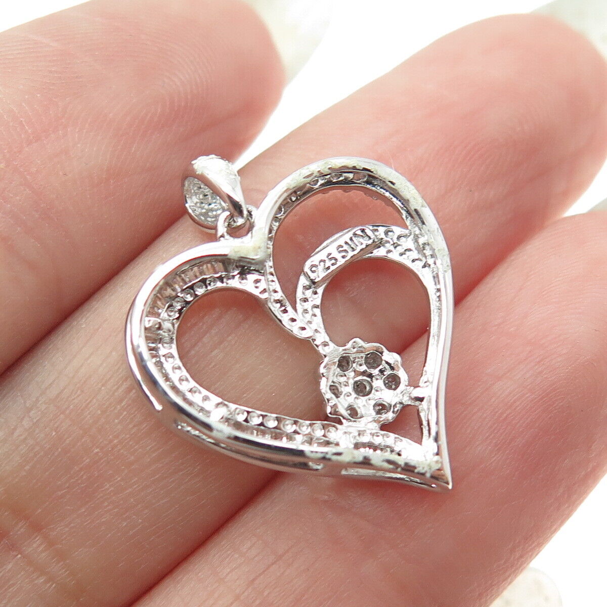 SUN 925 Sterling Silver Real Baguette & Round-Cut Diamond Heart Pendant