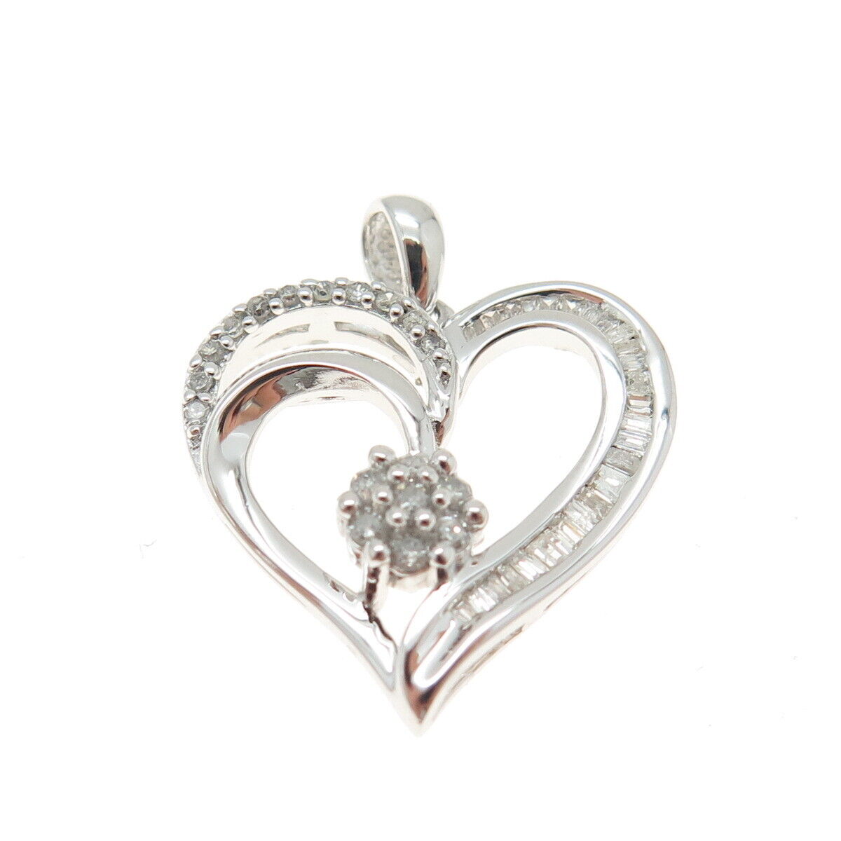 SUN 925 Sterling Silver Real Baguette & Round-Cut Diamond Heart Pendant