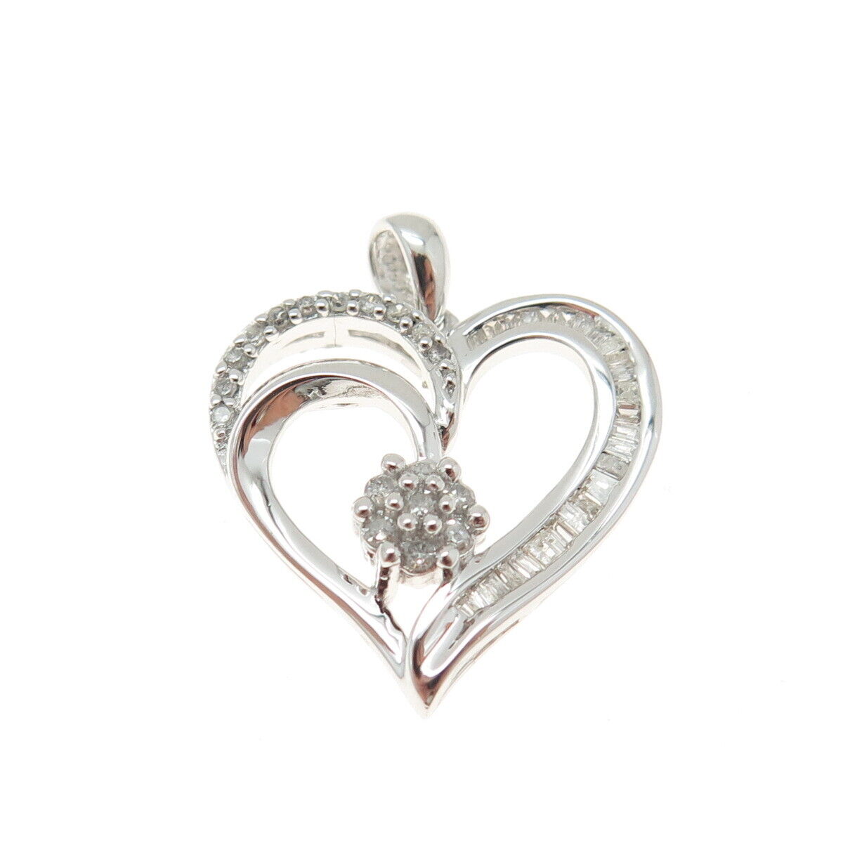 SUN 925 Sterling Silver Real Baguette & Round-Cut Diamond Heart Pendant