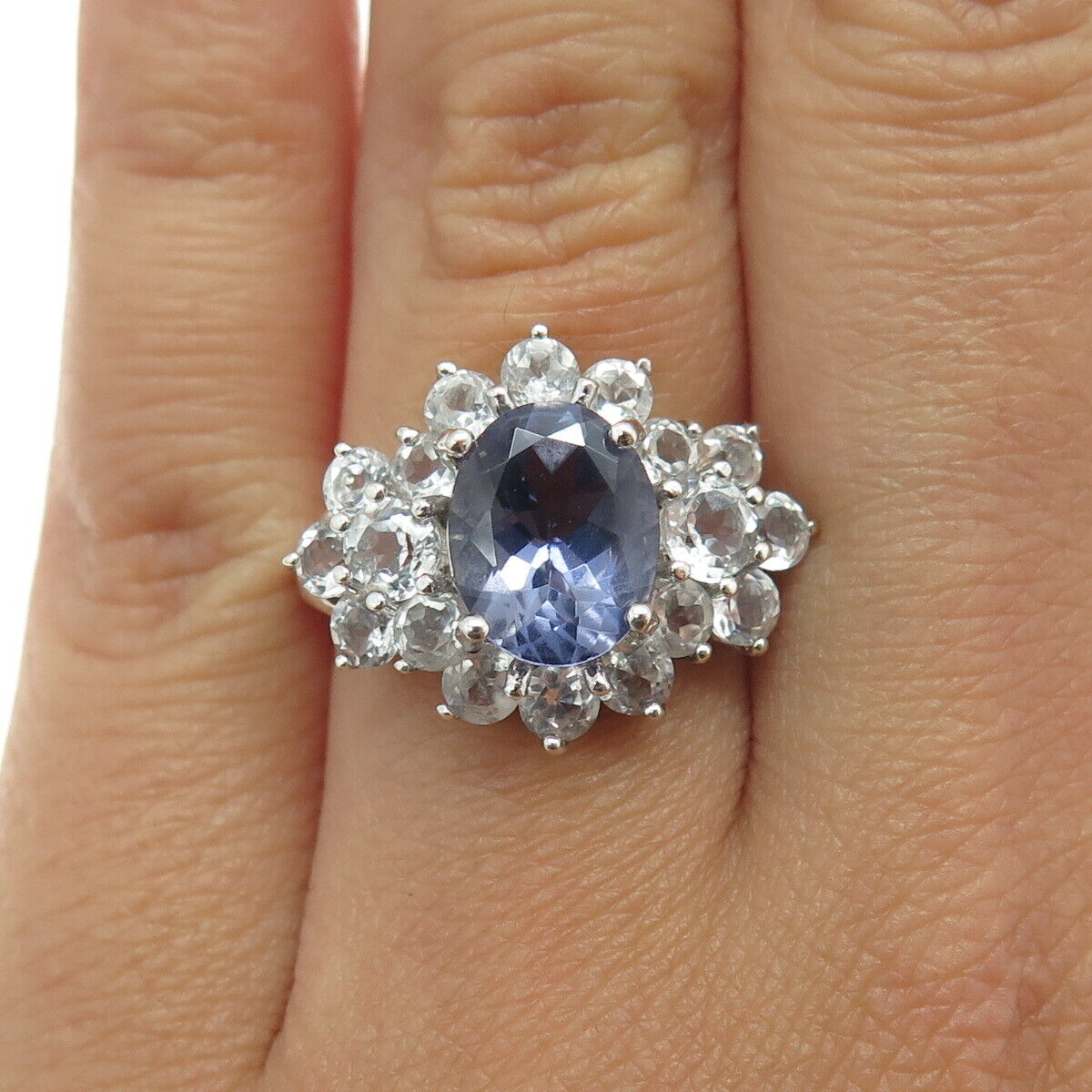 925 Sterling Silver Real Oval-Cut Iolite & Round-Cut White Topaz Ring Size 6