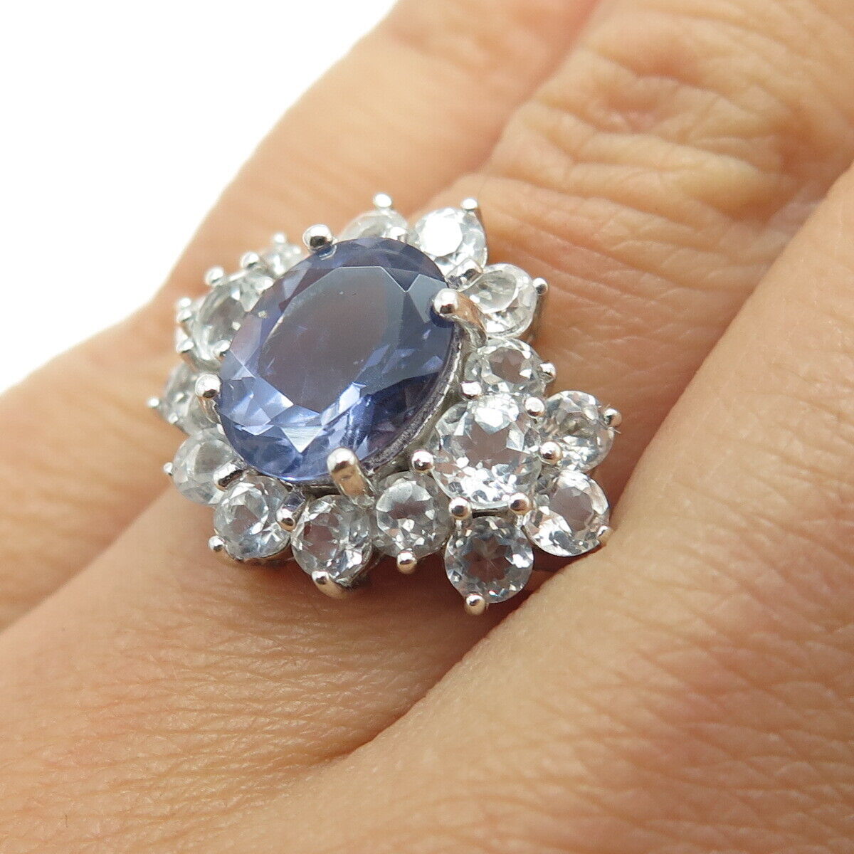 925 Sterling Silver Real Oval-Cut Iolite & Round-Cut White Topaz Ring Size 6