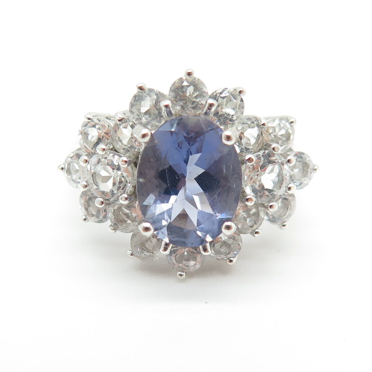 925 Sterling Silver Real Oval-Cut Iolite & Round-Cut White Topaz Ring Size 6