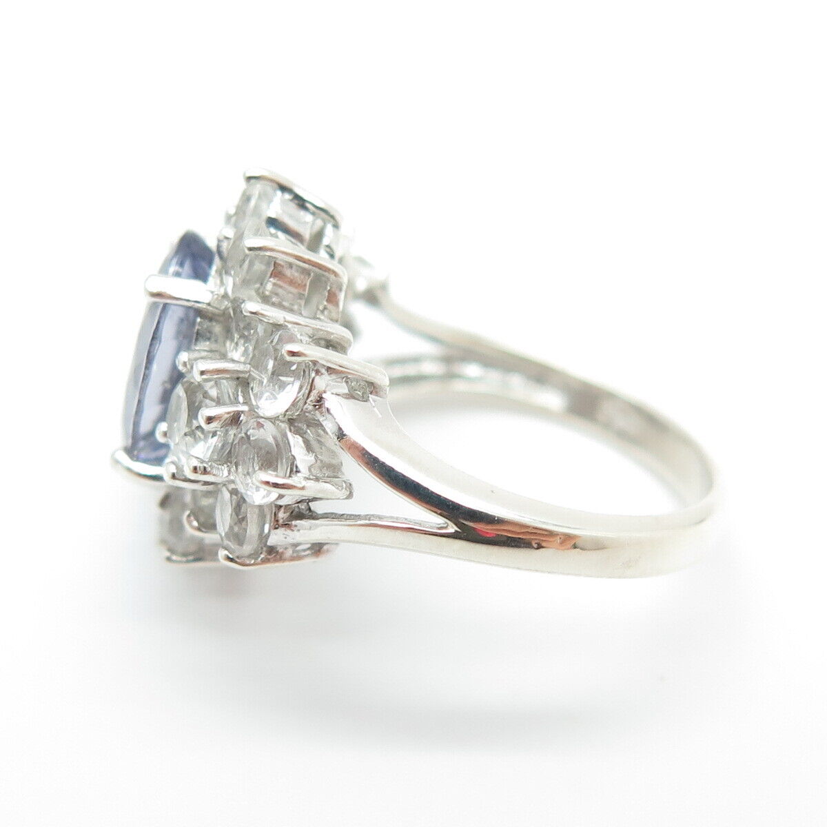 925 Sterling Silver Real Oval-Cut Iolite & Round-Cut White Topaz Ring Size 6