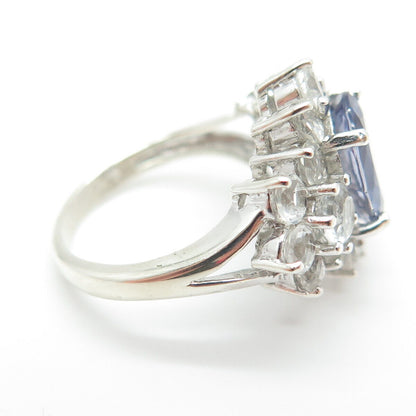 925 Sterling Silver Real Oval-Cut Iolite & Round-Cut White Topaz Ring Size 6