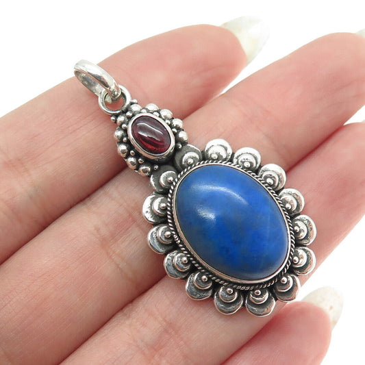 925 Sterling Silver Vintage Real Lapis Lazuli & Tourmaline Gem Ethnic Pendant