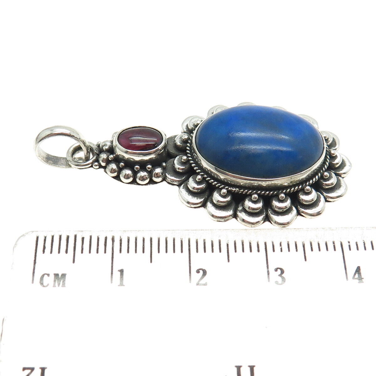 925 Sterling Silver Vintage Real Lapis Lazuli & Tourmaline Gem Ethnic Pendant