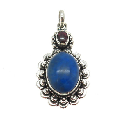 925 Sterling Silver Vintage Real Lapis Lazuli & Tourmaline Gem Ethnic Pendant