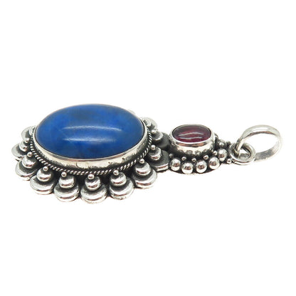 925 Sterling Silver Vintage Real Lapis Lazuli & Tourmaline Gem Ethnic Pendant