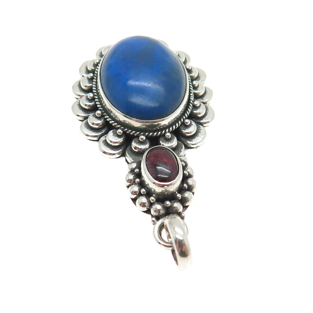 925 Sterling Silver Vintage Real Lapis Lazuli & Tourmaline Gem Ethnic Pendant