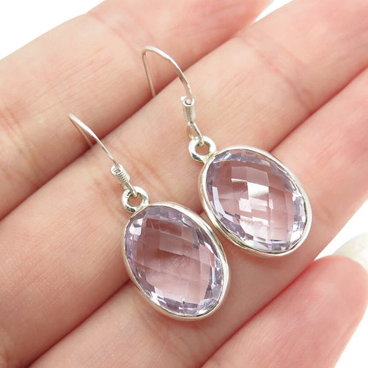 925 Sterling Silver Vintage Real Oval-Cut Amethyst Dangling Earrings