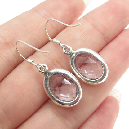 925 Sterling Silver Vintage Real Oval-Cut Amethyst Dangling Earrings