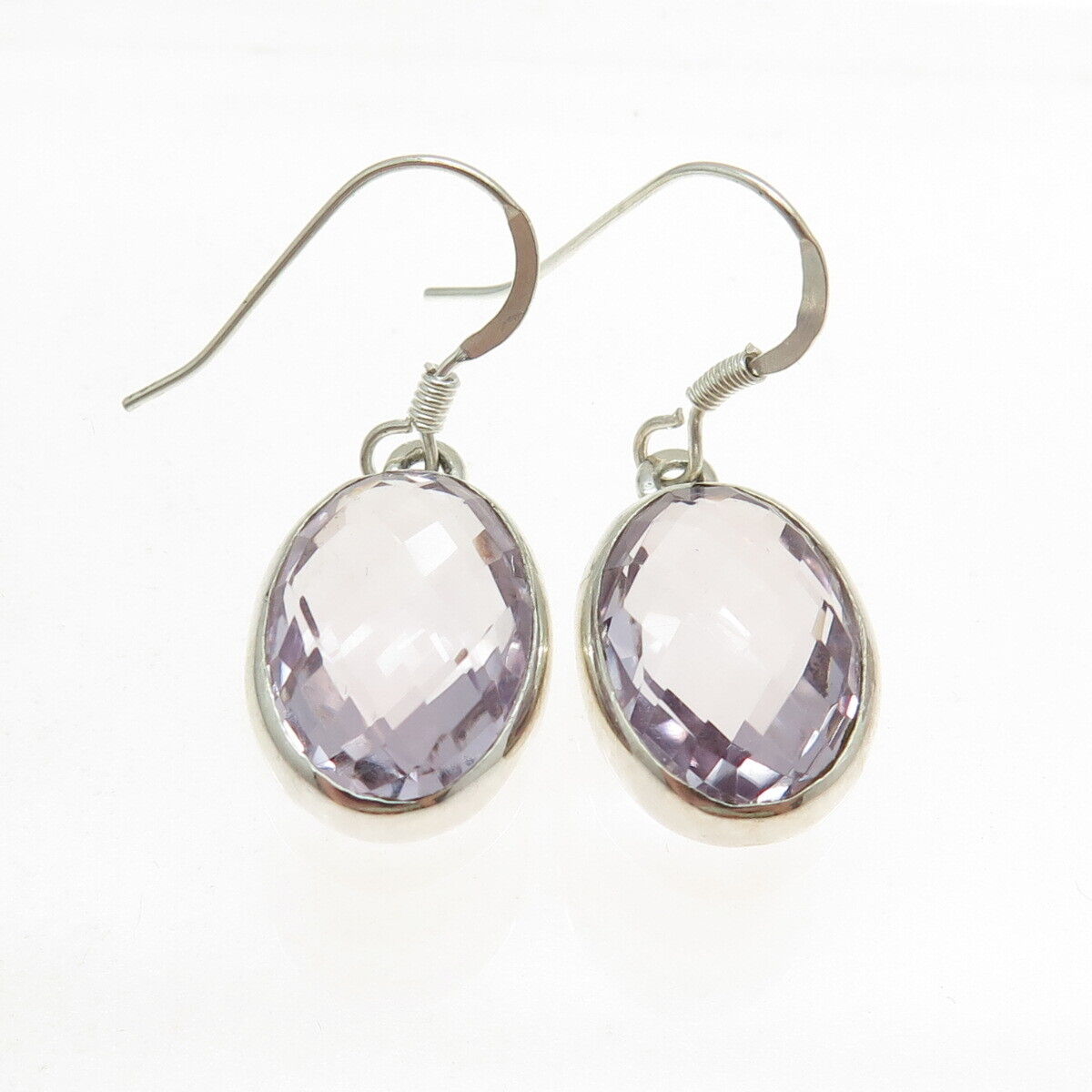 925 Sterling Silver Vintage Real Oval-Cut Amethyst Dangling Earrings