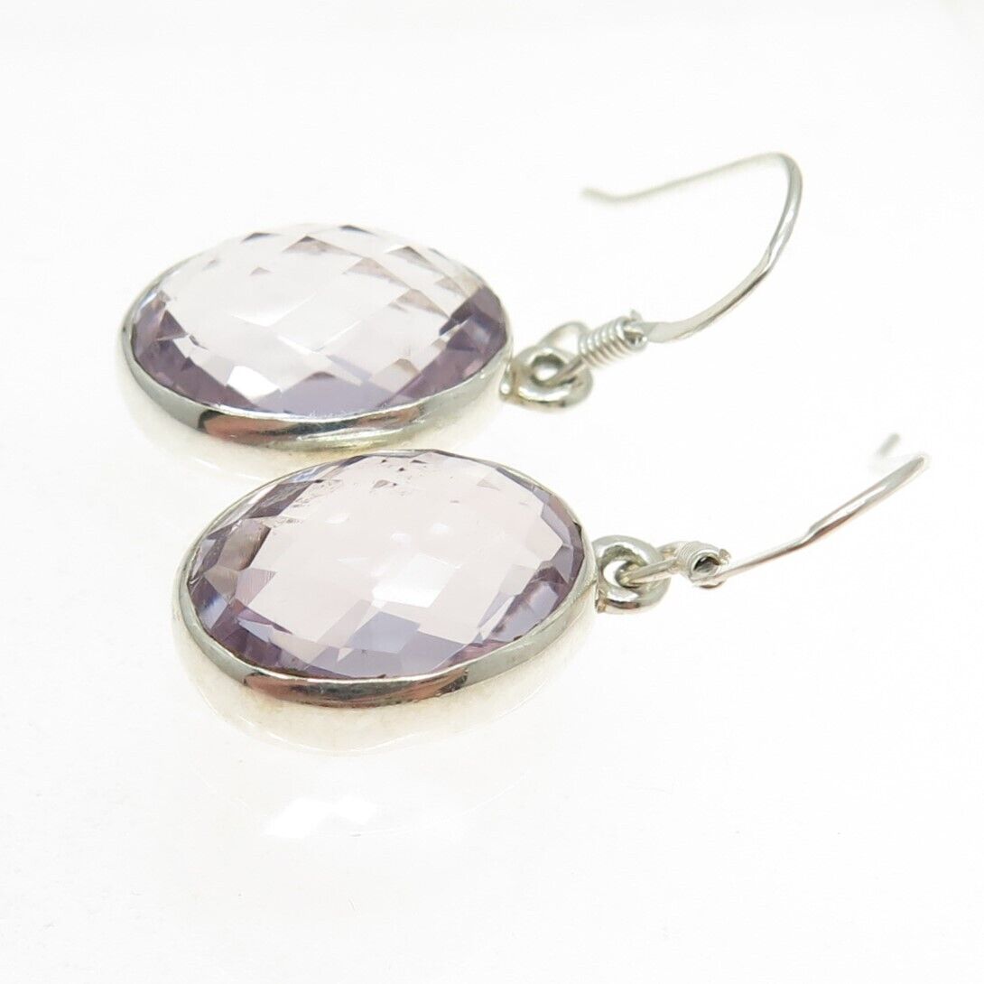 925 Sterling Silver Vintage Real Oval-Cut Amethyst Dangling Earrings