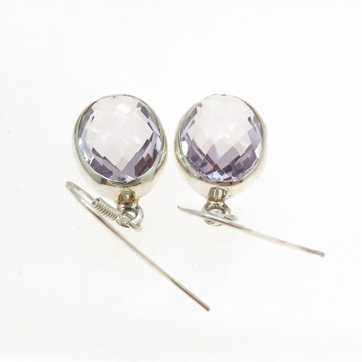 925 Sterling Silver Vintage Real Oval-Cut Amethyst Dangling Earrings