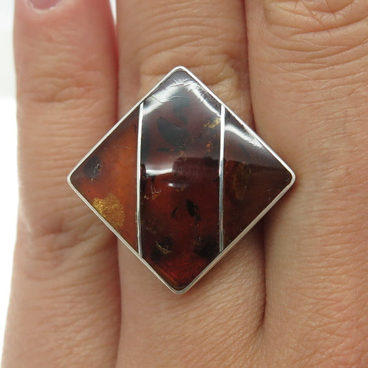 GRANAT TURNOV Sterling Silver Vintage Czech Real Amber Modernist Ring Size 6.25