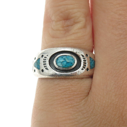 Old Pawn Sterling Silver Vintage Southwestern Turquoise Coral Inlay Ring Size 6