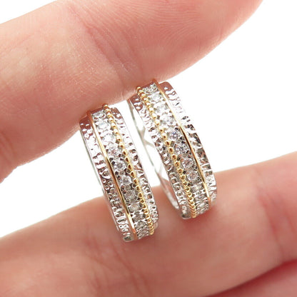 925 Sterling Silver 2-Tone Round-Cut Shaped C Z Huggie Earrings