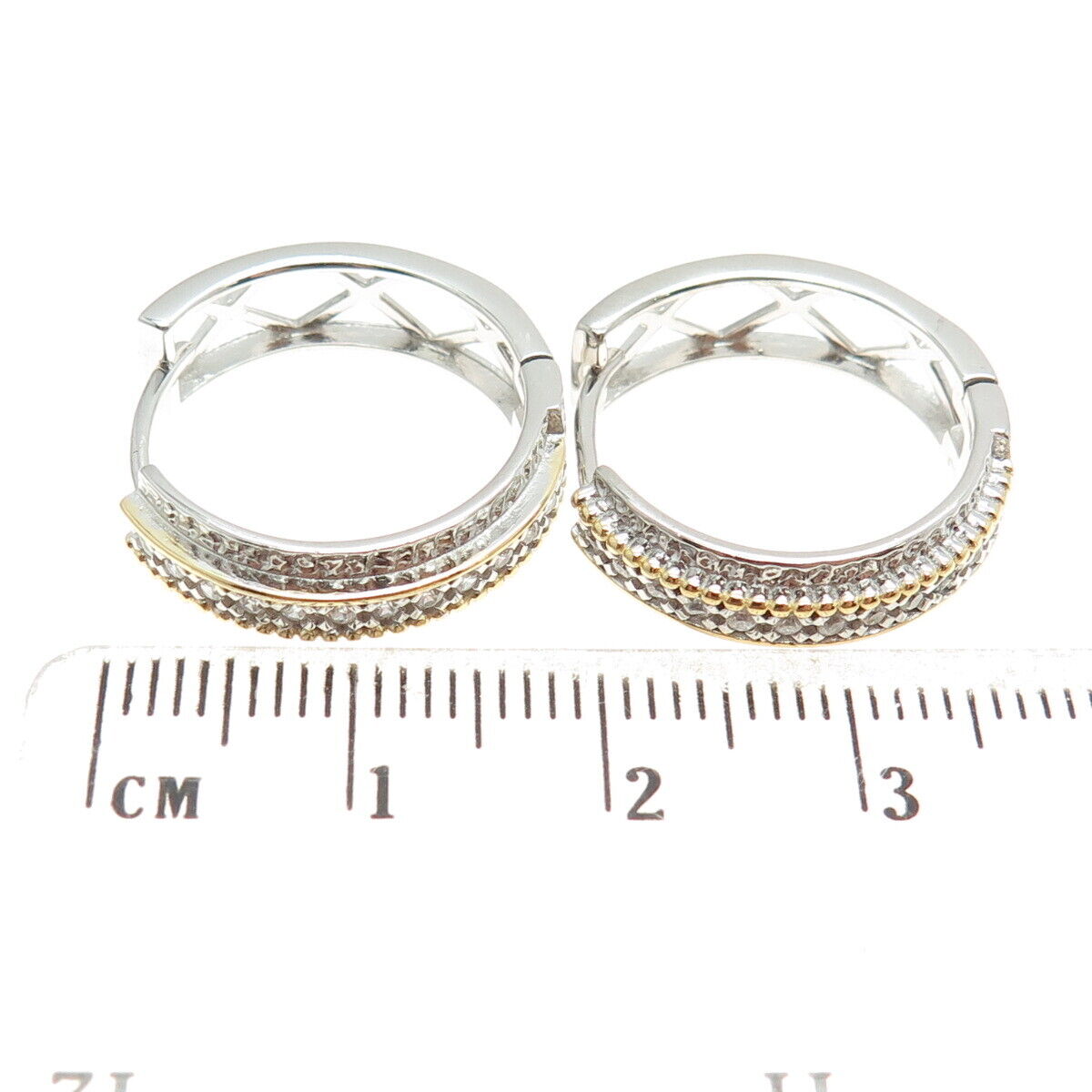 925 Sterling Silver 2-Tone Round-Cut Shaped C Z Huggie Earrings