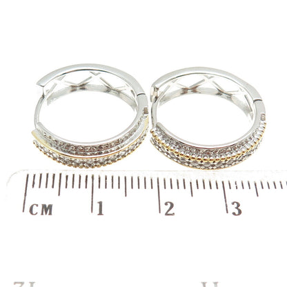 925 Sterling Silver 2-Tone Round-Cut Shaped C Z Huggie Earrings