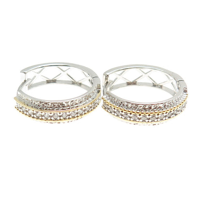 925 Sterling Silver 2-Tone Round-Cut Shaped C Z Huggie Earrings