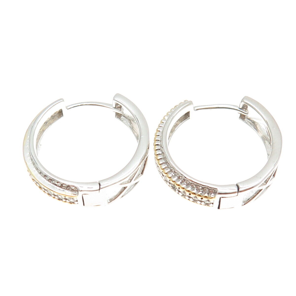 925 Sterling Silver 2-Tone Round-Cut Shaped C Z Huggie Earrings